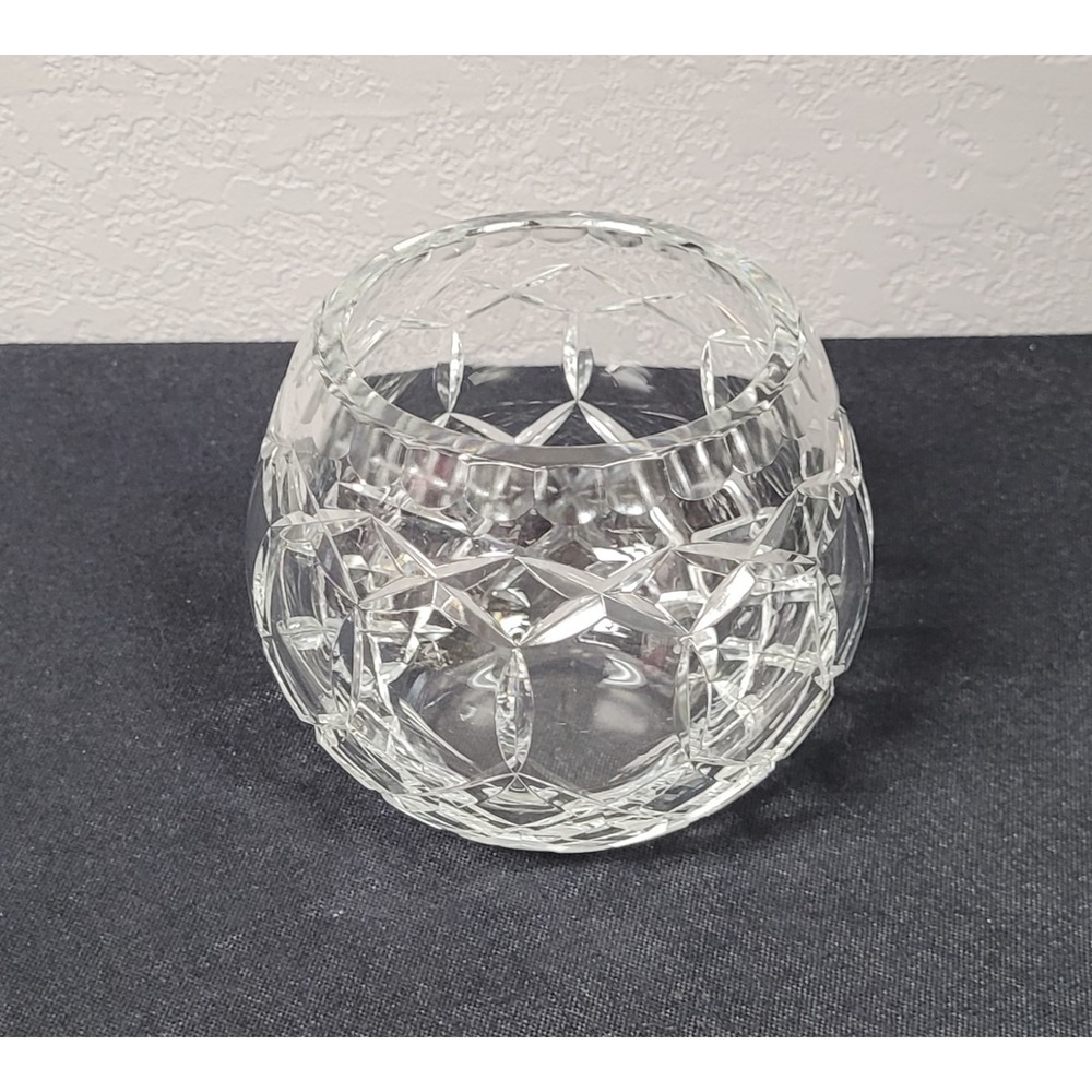 Vintage Cut Crystal Rose Bowl 5" Wide 4" Tall Diamond Crosshatch Sphere Vase